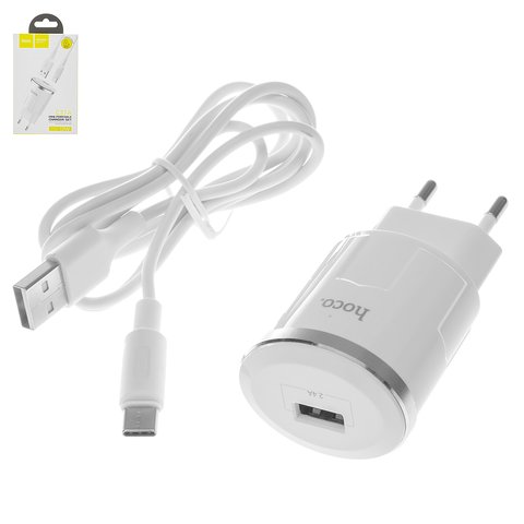 Mains Charger Hoco C37A, 12 W, white, with USB cable Type C, 1 output 