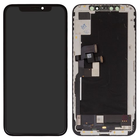 Дисплей для iPhone XS, черный, с рамкой, переклеено стекло, с пластиками камеры и датчика приближения