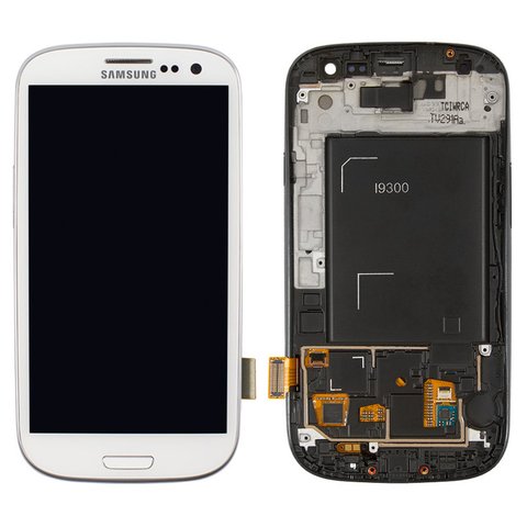 Дисплей для Samsung I9300 Galaxy S3, білий, з рамкою, Оригінал переклеєне скло 
