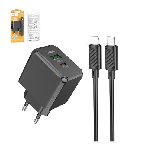 Сетевое зарядное устройство Hoco CS14A, 20 Вт, Power Delivery PD , черный, c кабелем USB тип C к Lightning для Apple, 2 порта, #6942007603904