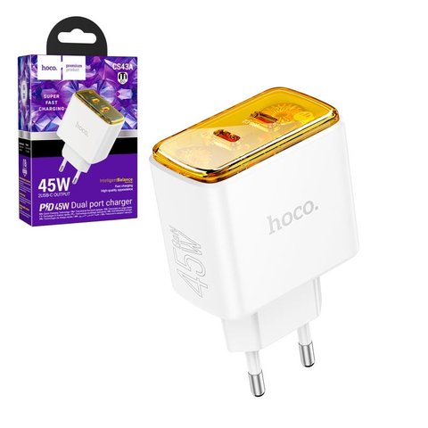 Сетевое зарядное устройство Hoco CS43A, 45 Вт, Power Delivery PD , белый, 2 порта, #6942007620833