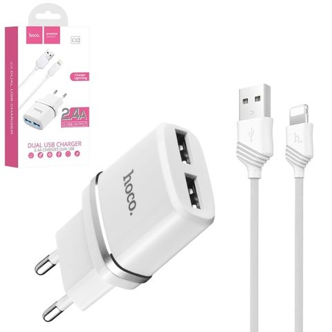 Сетевое зарядное устройство Hoco C12, 12 Вт, белый, с кабелем Lightning для Apple, 2 порта, #6957531047766